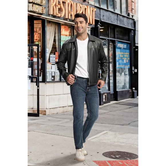 Men Black Faux Leather Biker Jacket Lightweight Vintage Bomber Zip Up Coat - Picture 2 of 7